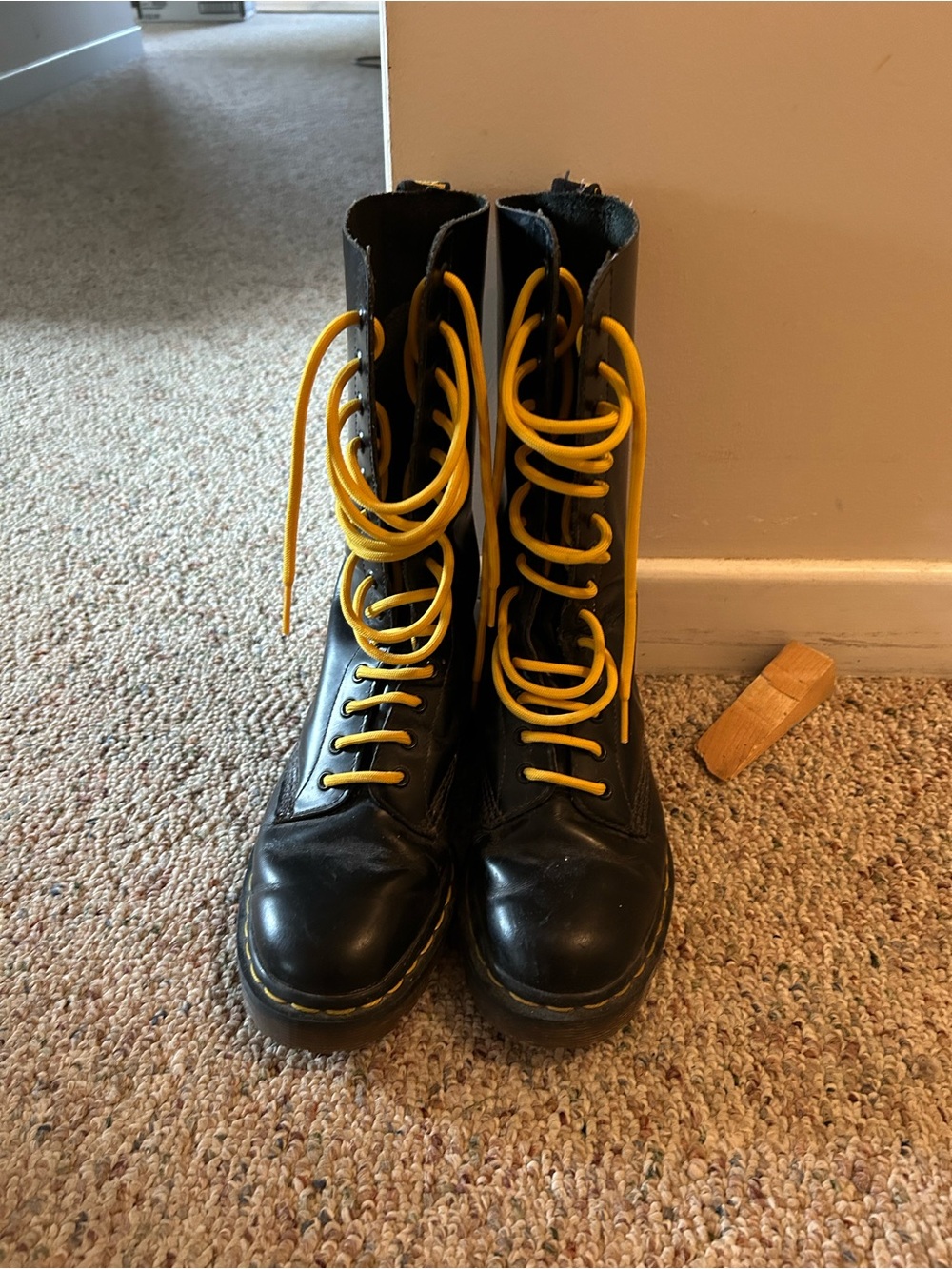 Dr. Martens Black Leather Lace-Up Boots with Yellow Laces